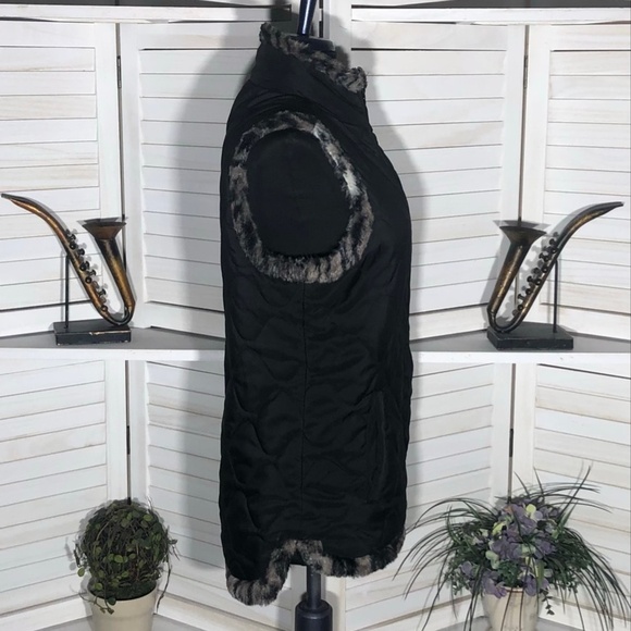 Vintage Y2K reversible Vest Animal Print Faux Fur Cinch Quilted Black/Brown L - Picture 7 of 14